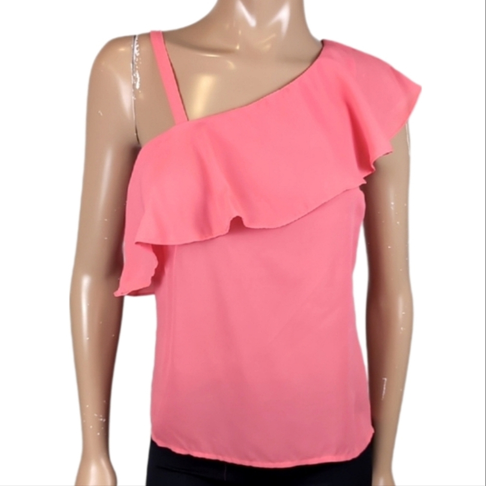 Suzy Shier Coral Orange Ruffled Asymmetrical Blouse One Shoulder Crepe Top